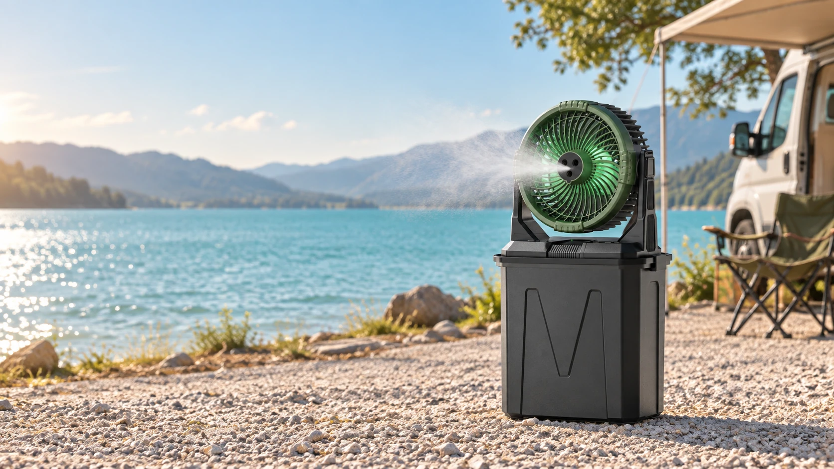 A30 outdoor camping fan in an outdoor campsite, creative product scene