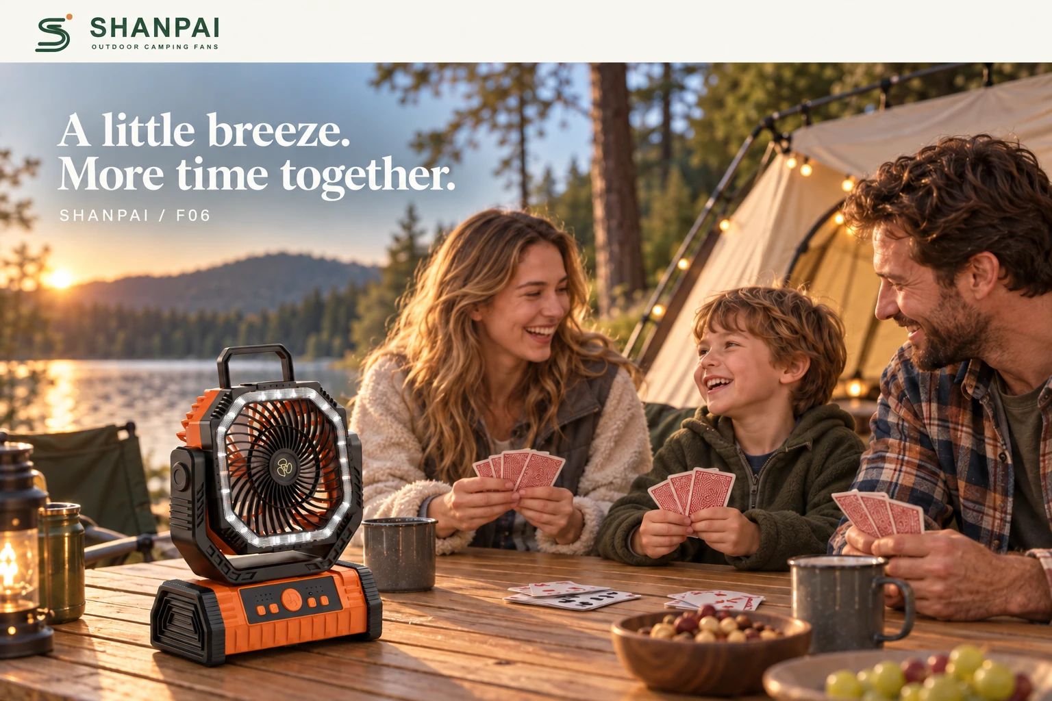 A family sharing a relaxed camping evening with an F06 fan