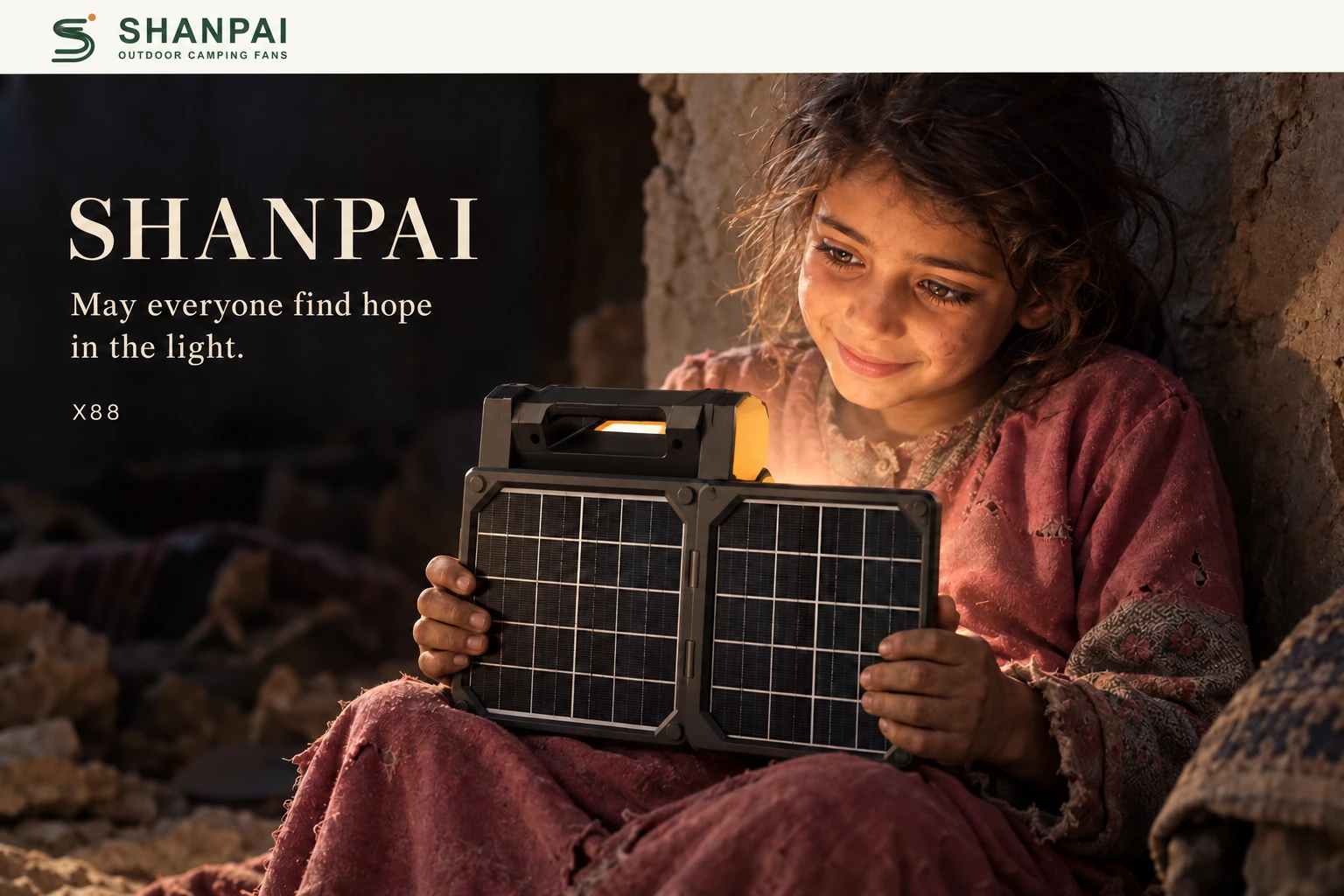 A girl looking hopefully at an X88 fan with its solar panels facing the viewer