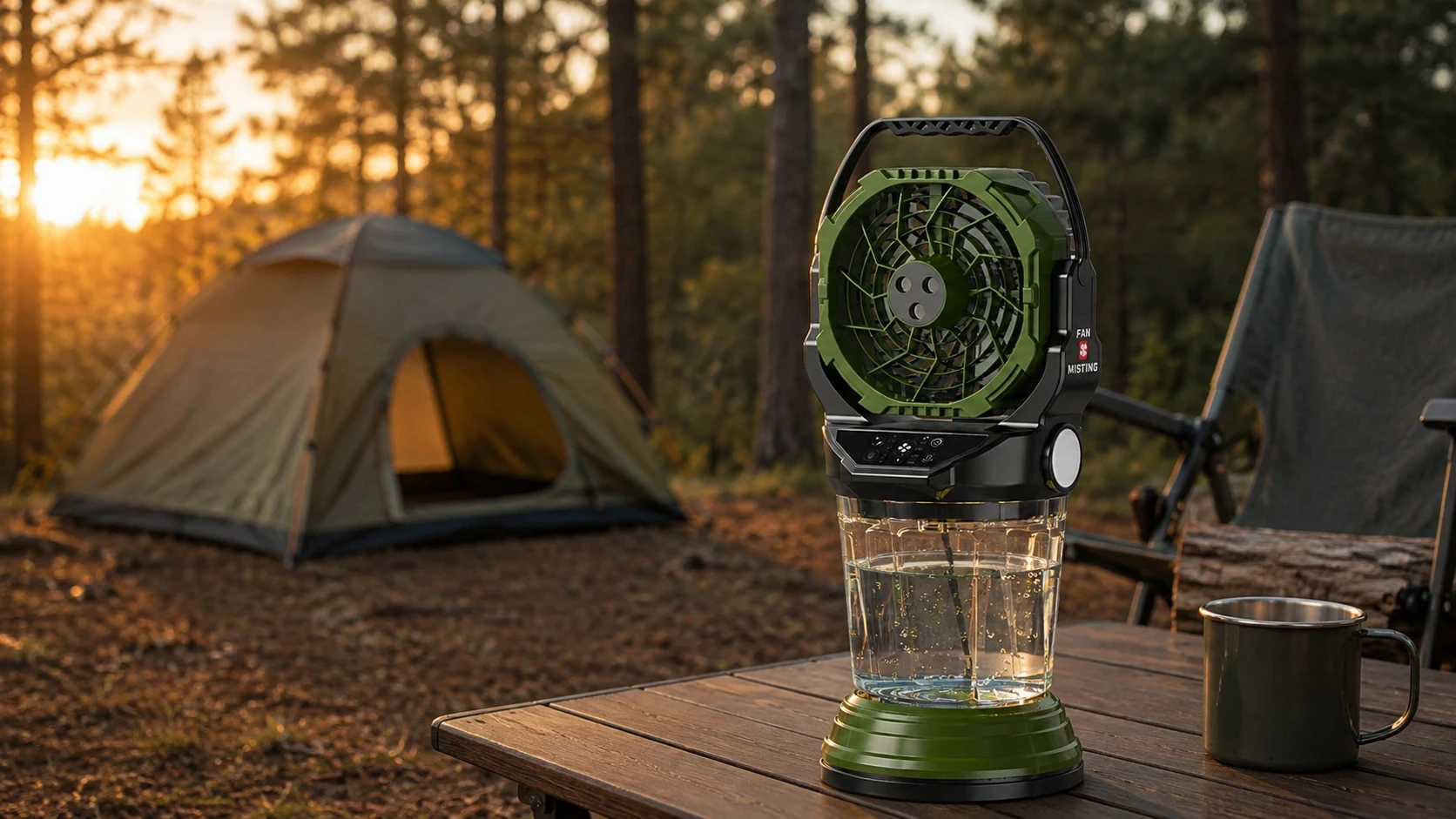 F65 outdoor camping fan in an outdoor campsite, creative product scene