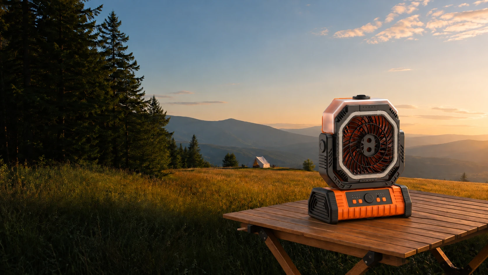 F29S outdoor camping fan in an outdoor campsite, creative product scene