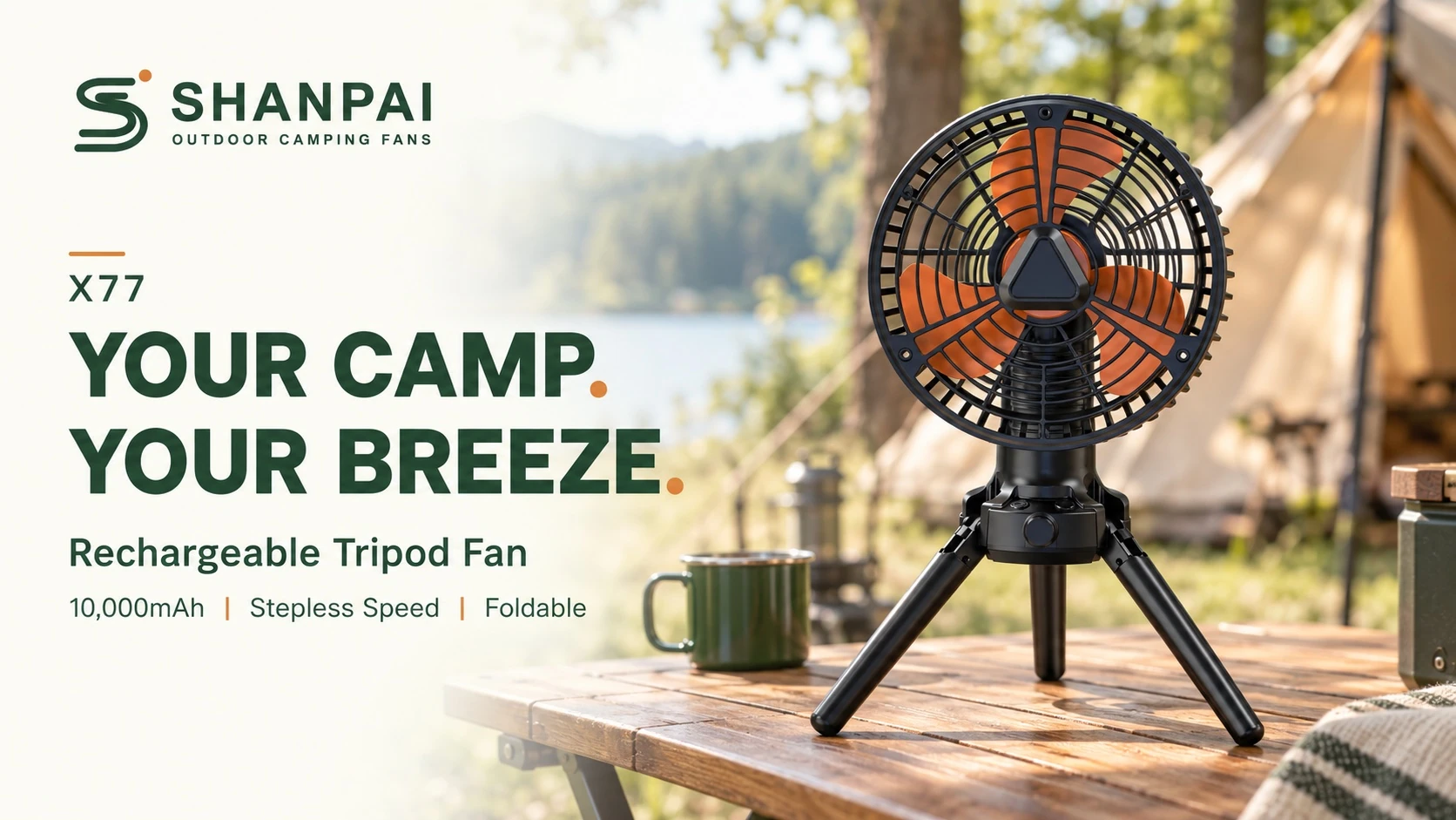 SHANPAI X77: Your camp. Your breeze. Rechargeable tripod fan with 10,000 mAh battery, stepless speed and foldable design.